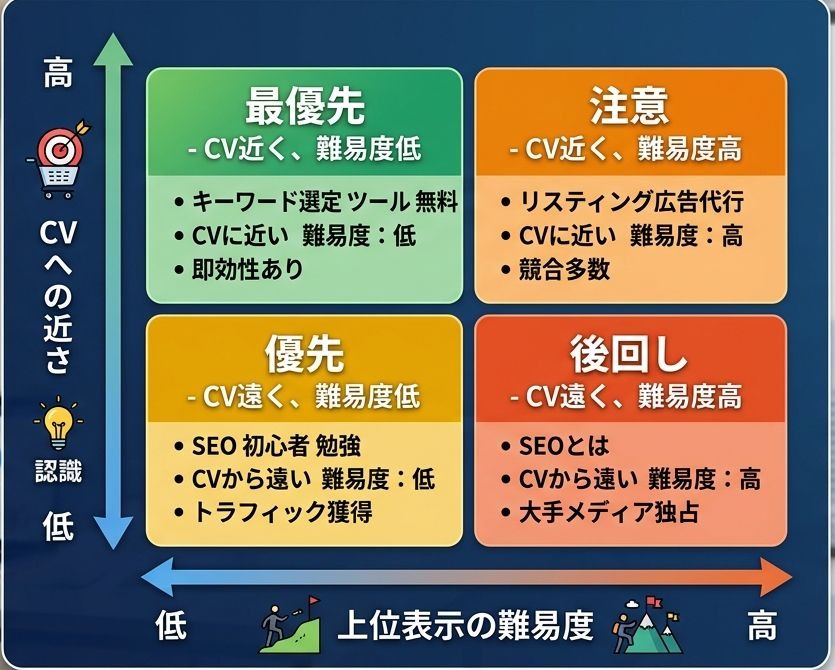 Vへの近さ×上位表示の難易度による4象限マトリクス